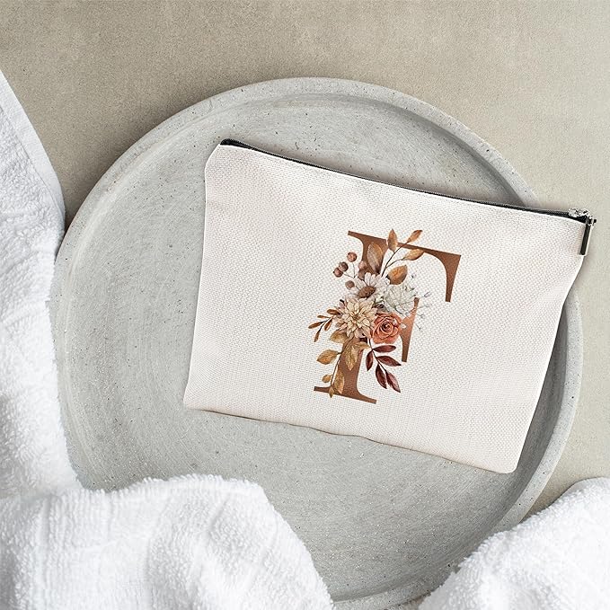 A-Z Boho Personalized Cosmetic Bag-Floral Cotton Letter Makeup Bag With Zipper-Artistic Cosmetic Bag For Travel-Bride,Birthday Gift For Women Daughter Friends-Women Makeup Organizer-A06