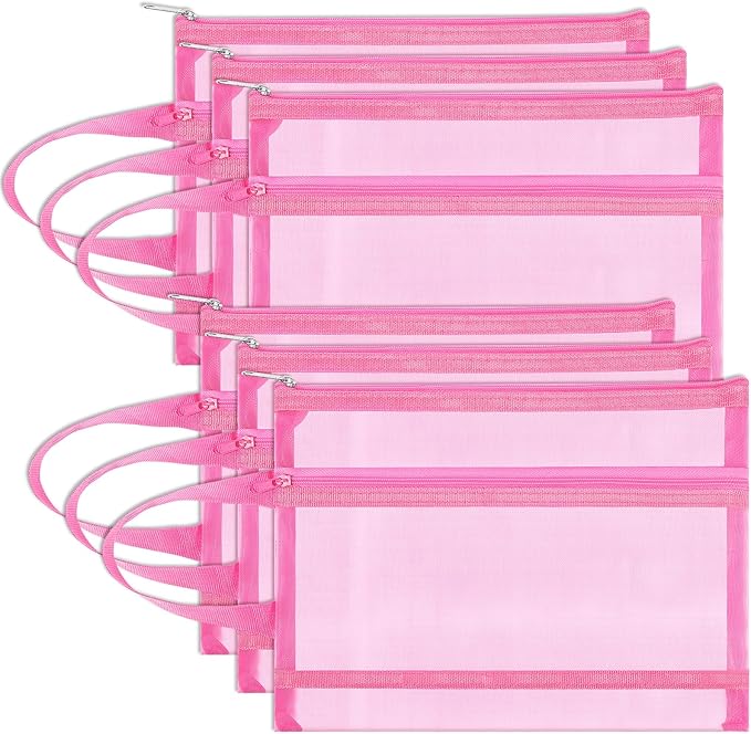 6 Pack Mesh Zipper Pouch Bags, Double Layer Nylon Pouch with Handle for Office Travel Organization (Pink, A4)