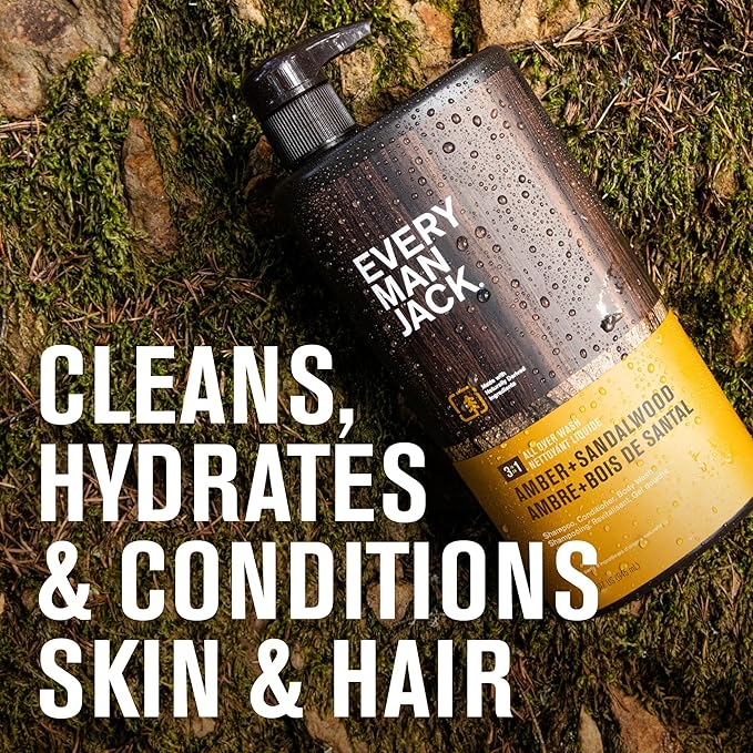 Every Man Jack Amber + Sandalwood Hydrating Mens 3-in-1 All Over Wash for All Skin and Hair Types - Body Wash, Shampoo and Conditioner with Naturally Derived Ingredients - 28.8oz (2 Pack)