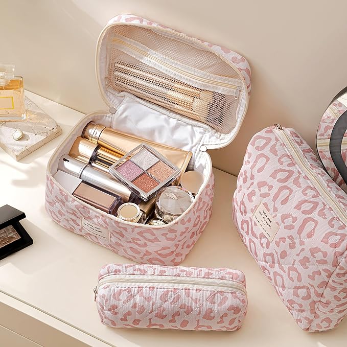 HBselect Quilted Makeup Bag, 3PCS Cotton Large Travel Makeup Bag, Cute Floral Coquette Make up Bag Cosmetic Bag Toiletry Bag for Women Girls