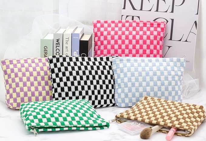PAZIMIIK Knitted Checkered Makeup Bag Large Zipper Make Up Accessory Pouch for Purse Cosmetic Brush Bag for Travel Essential,Green