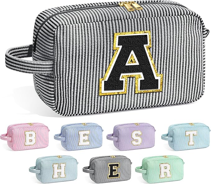 YOOLIFE Gifts for Women, Personalized Birthday Gifts for Women Girlfriend Her Friend Mom Grandma Daughter Wife, Bridesmaid Gifts, Monogram Initial Girls Preppy Makeup Bag A