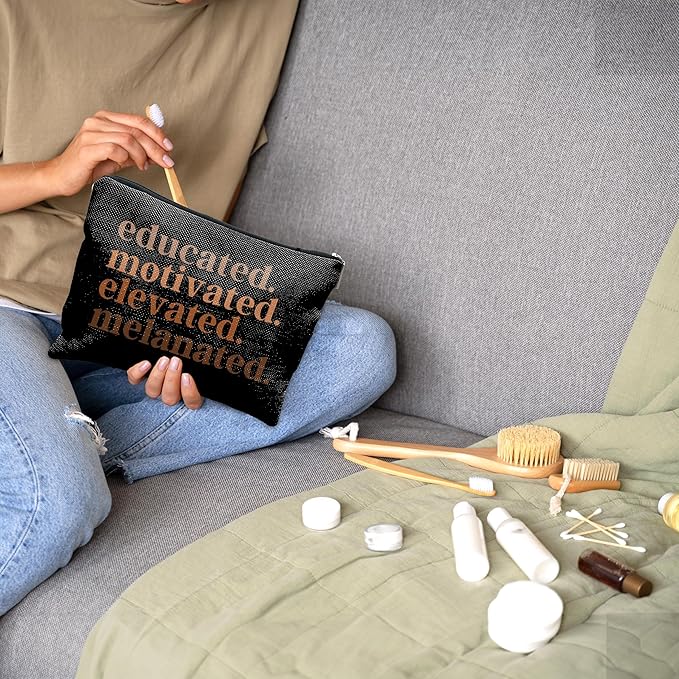Nogrit African American Gifts,Black Women Gifts,Educated Motivated Elevated Melanated,Black Women Makeup Bag Cosmetic Bag, Melanin Makeup Travel Toiletry Bag,gifts for African American women/black