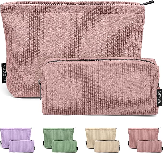 MAGEFY 2 Pcs Makeup Bags for Women, Corduroy Make up Bag for Purse Travel Makeup Bag Small Cosmetic Bags with Zipper Makeup Pouch for Travelling - Dusty Pink