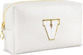 Gifts for Girls Initial Makeup Bag Personalized Cosmetic Bag with Zipper Cute Travel Toiletry Bags Waterproof PU Preppy Makeup Pouch Birthday Gift for Teen Girls Women(White V)