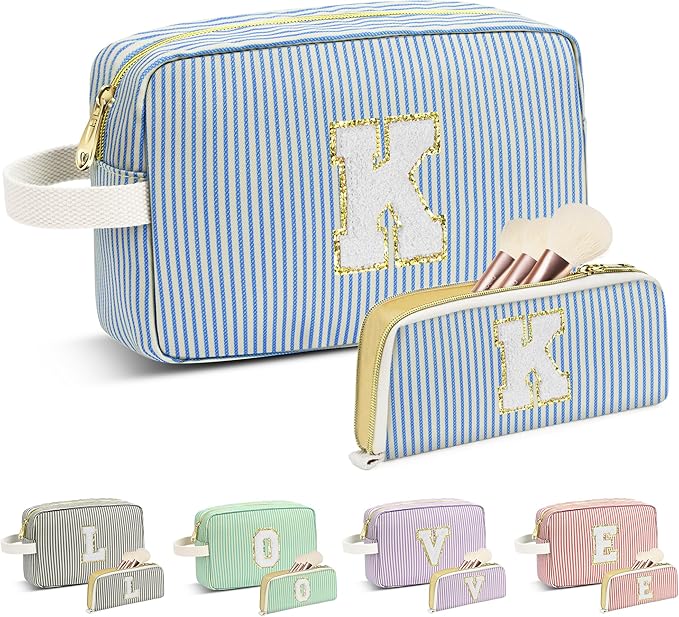 Travel Makeup Bag Christmas Gifts for Women Girl Teens, Personalized Initial Makeup Bag for Cute Teen Girls, Preppy Stuff Toiletry Bag Cosmetic Bag, Teen Girls Gift Trendy Stuff, Letter K