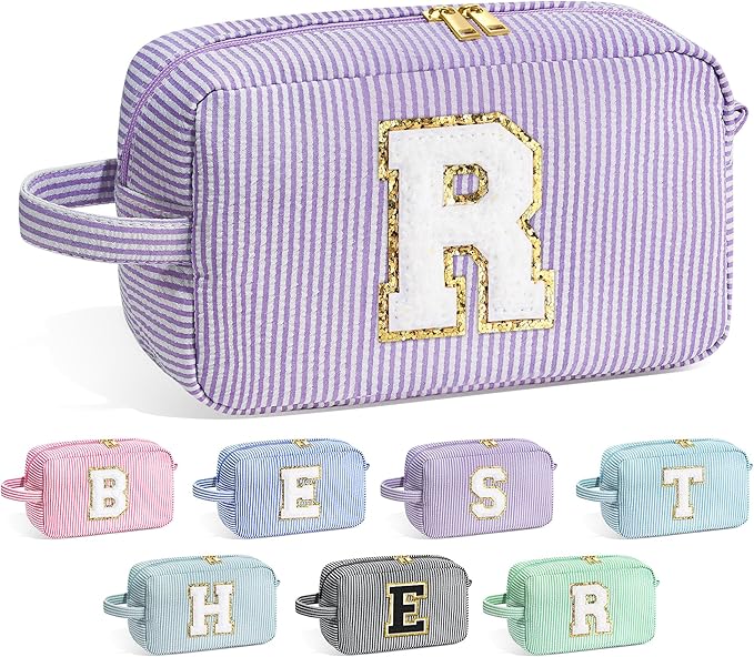 YOOLIFE Makeup Bag - Initial Makeup Bag Cosmetic Bag, Make Up Bags, Monogram Cosmetic Bags, Travel Cosmetic Bag, Cute Makeup Pouch Makeup Case, Personalized Purple Makeup Bags for Women Her R