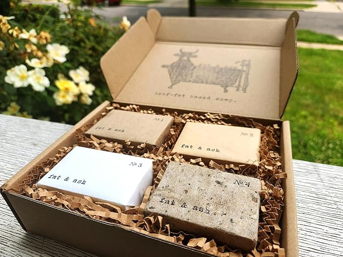 fat & ash Beef Tallow Soap Bar (4 Pack) - VERY SIMPLE INGREDIENTS - Organic and Moisturizing - Handmade in USA - Family Recipe - Long-Lasting, All-Natural, For Dry Skin
