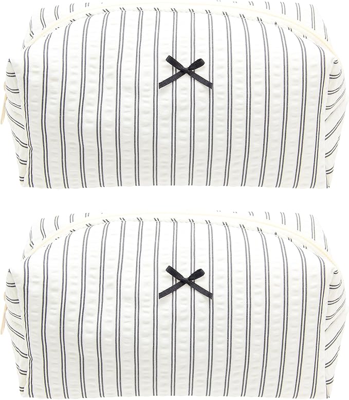 PAZIMIIK 2PCS Cozy Makeup Bag Small Aesthetic Travel Zipper Cosmetic Pouch for Women Make Up Beauty Accessories Brushes, Stripe Black