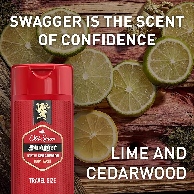 Old Spice Refreshing Body Wash for Men, 3X Defense, 24/7 Shower Fresh with Long Lasting Scent, Travel Size, Red Collection, Swagger with Cedarwood Scent, 3 oz