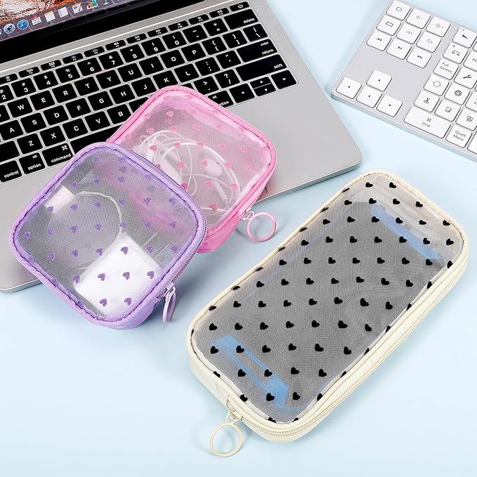 4 Pieces Mini Zipper Nylon Mesh Pouch, Mesh Cosmetic Bags Makeup Bags, Multipurpose Travel Toiletry Bags for Office Supplies and Travel Accessories (Heart Print-Purple, S)