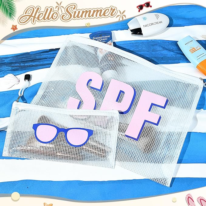 SOIDRAM 2PCS SPF Makeup Bag Clear Zippered SPF Bag Cosmetic Pouch Waterproof Travel Toiletry Organizer for Women Varsity Letter Patch Beach Pool Essentials