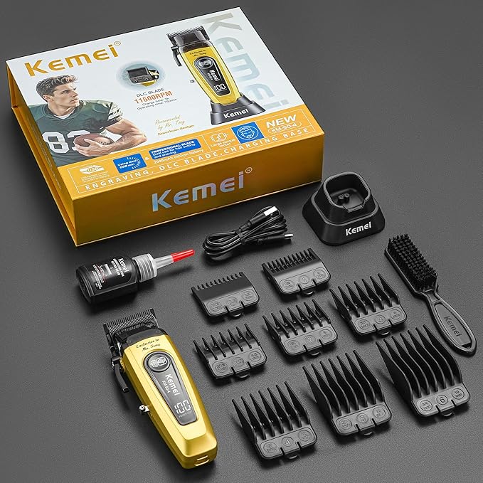 KEMEI 90-4 Professional Hair Clippers for Men, 11500 RPM Barber Clippers with LED Display, Cordless Hair Trimmer with DLC Blade & Charging Base, 2000 mAh Hair Clipper for Barbers Haircut Kit
