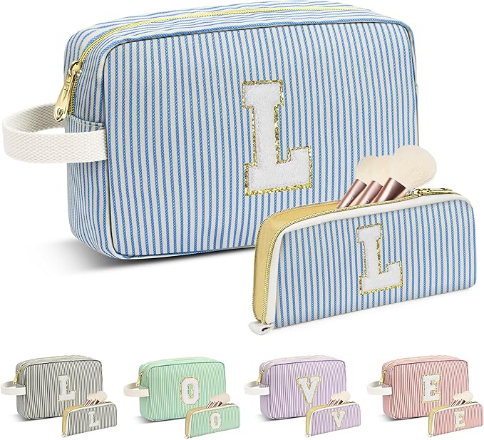 Travel Makeup Bag Christmas Gifts for Women Girl Teens, Personalized Initial Makeup Bag for Cute Teen Girls, Preppy Stuff Toiletry Bag Cosmetic Bag, Teen Girls Gift Trendy Stuff, Letter L