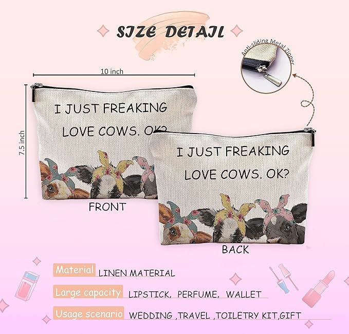 I Just Freaking Love Cows OK Farmhouse Cows with Bandanas Makeup Bag Cosmetic Bags with Zipper Pouch Travel Toiletry Case,Gifts for Cow Lovers Farm Girls