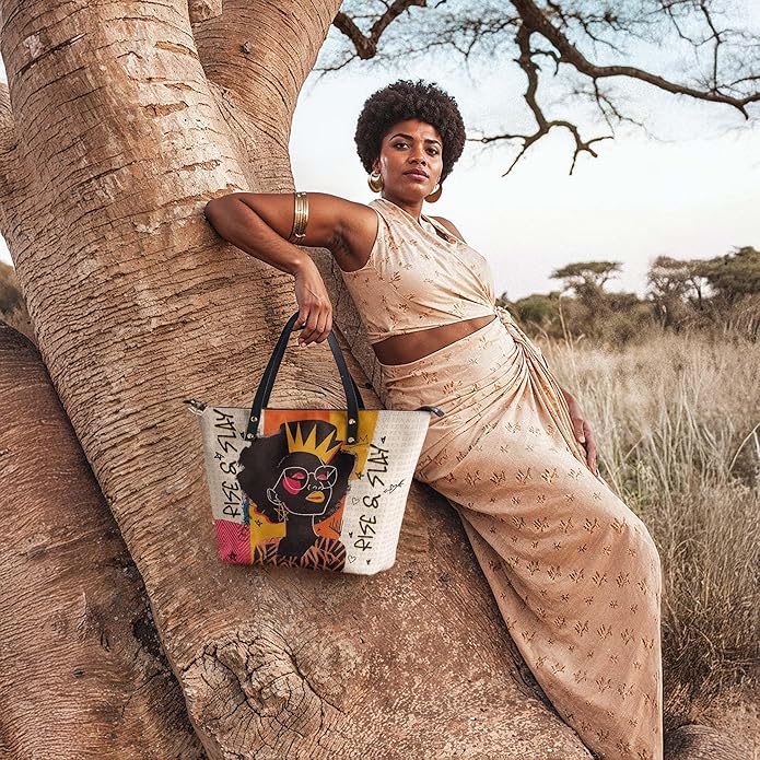 African Black Women's Leather Tote Bag, Large, Premium Vegan Leather, Full Zip, Perfect Christmas Gifts For Women
