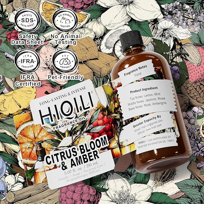 HIQILI Citrus Bloom & Amber Fragrance Oil for Candle, Soap Making, Floral Scent, Essential Oil Diffuser Use, Hair Care - 5.07 Fl Oz
