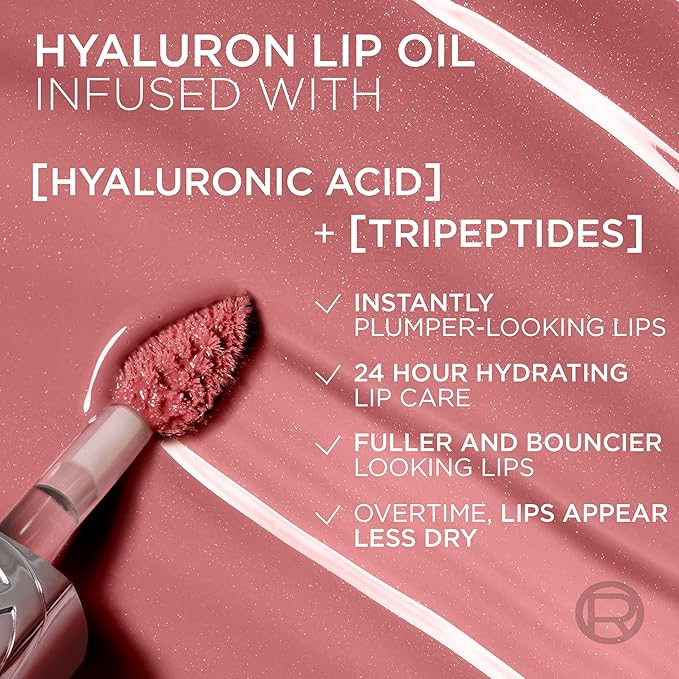 L'Oreal Paris Plump Ambition Hyaluron Lip Oil, 24 HR Lip Gloss with Hyaluronic Acid, Volumizing Formula with Glass-Like Shine, Worth It 601, 0.16 Fl Oz