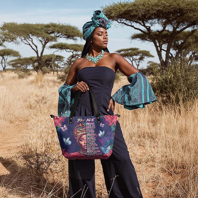 African Black Women's Leather Tote Bag, Large, Premium Vegan Leather, Full Zip, Perfect Christmas Gifts For Women