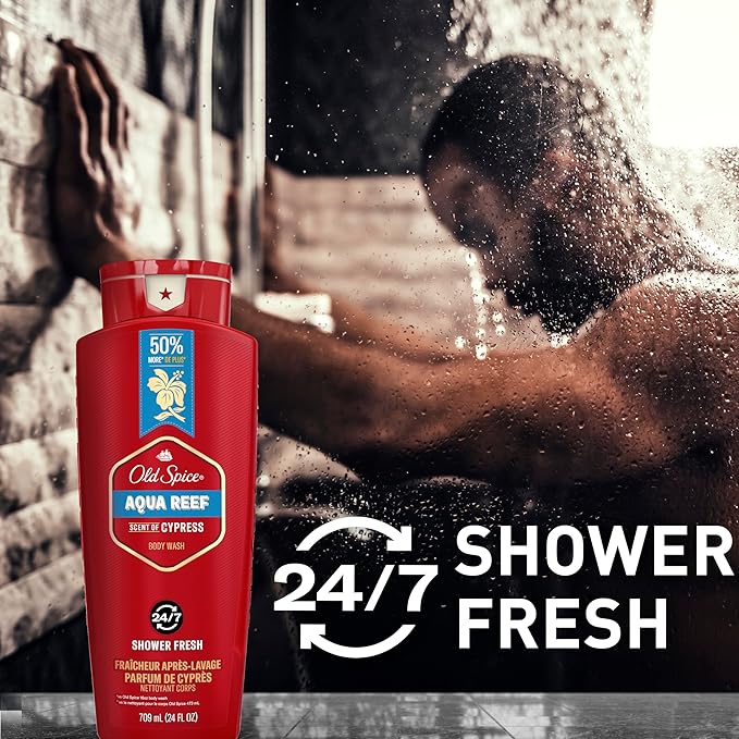 Old Spice Refreshing Body Wash for Men, 3X Defense, 24/7 Shower Fresh with Long Lasting Scent, Red Collection, Aqua Reef with Cypress Scent, 24 oz