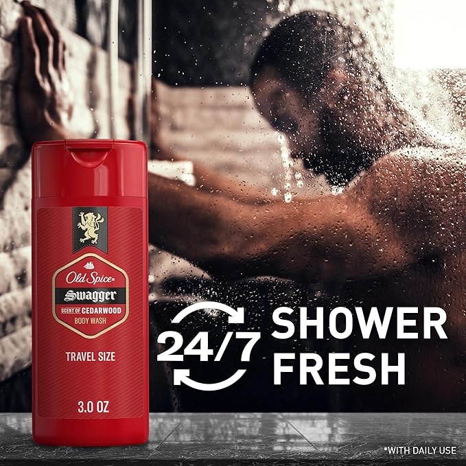 Old Spice Refreshing Body Wash for Men, 3X Defense, 24/7 Shower Fresh with Long Lasting Scent, Travel Size, Red Collection, Swagger with Cedarwood Scent, 3 oz