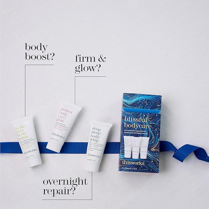 THISWORKS Blissful Bodycare Trio – Deep Sleep Body Whip, Perfect Body Vit C Glow, In The Zone Body Lotion (30ml each) – Travel-Size Moisturizers