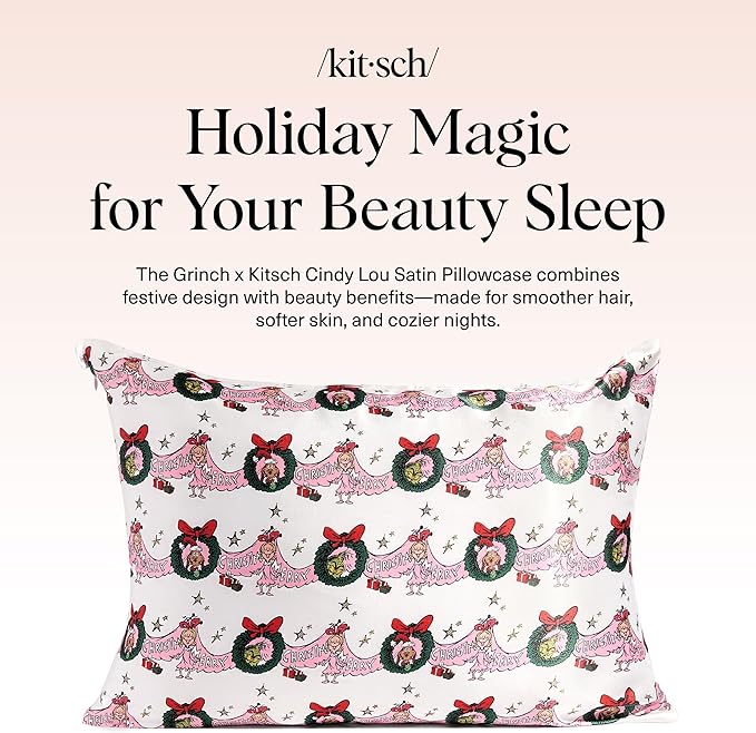 The Grinch x Kitsch Satin Pillowcase with Zipper for Hair & Skin - Softer Than Silk Pillow Cases, Smooth Cooling Pillow Cover, Wrinkle-Free, Machine Washable, Queen/Standard (19x26)- Cindy Lou