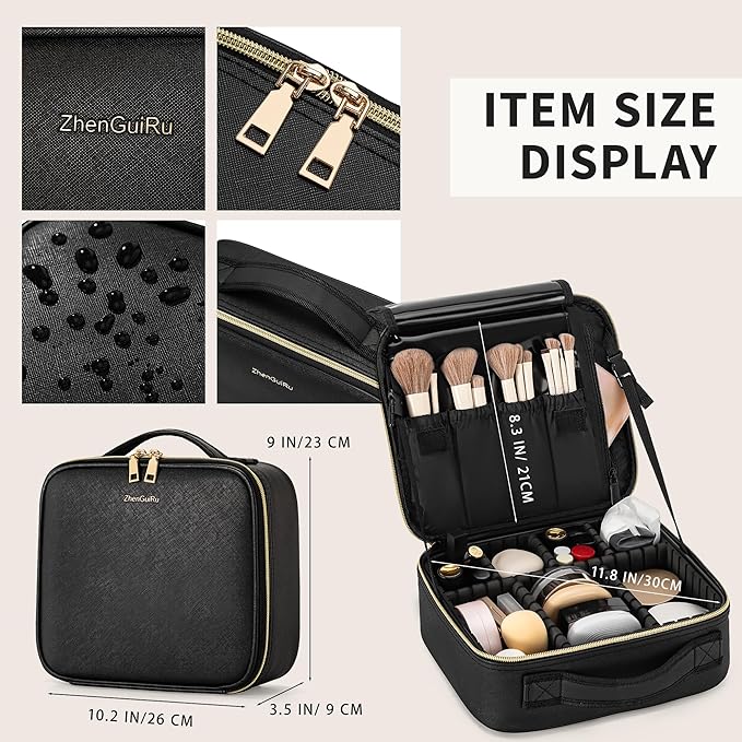 Travel Makeup Bag, Makeup Train Case, Portable Makeup Artist Organizer with Adjustable Dividers, Cosmetic Brush Holder Storeage