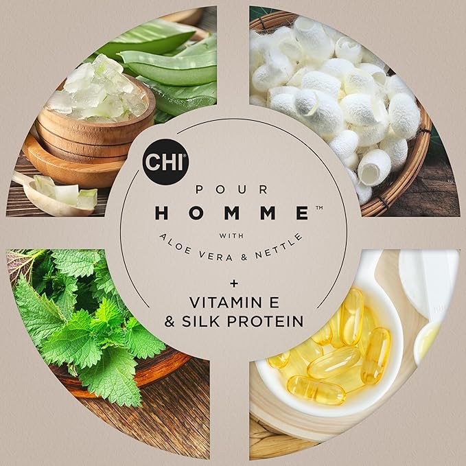 CHI Pour Homme 3-in-1 Cleansing & Moisturizing Hair, Face & Body Wash for Men, Made With Aloe Vera & Nettle, Fresh, Woody Scent, Sulfate-Free, 25 oz
