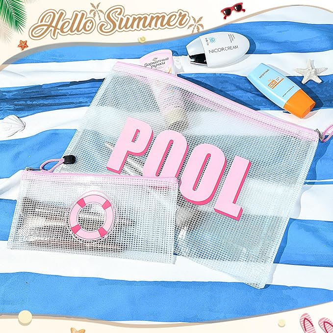 SOIDRAM 2PCS POOL Makeup Bag Clear Zippered POOL Bag Cosmetic Pouch Waterproof Travel Toiletry Organizer for Women Varsity Letter Patch Beach Pool Essentials