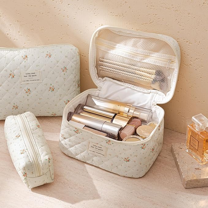 HBselect Quilted Makeup Bag, 3PCS Cotton Large Travel Makeup Bag, Cute Floral Coquette Make up Bag Cosmetic Bag Toiletry Bag for Women Girls