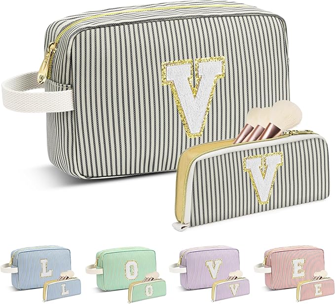 Travel Makeup Bag Christmas Gifts for Women Girl Teens, Personalized Initial Makeup Bag for Cute Teen Girls, Preppy Stuff Toiletry Bag Cosmetic Bag, Teen Girls Gift Trendy Stuff, Letter V