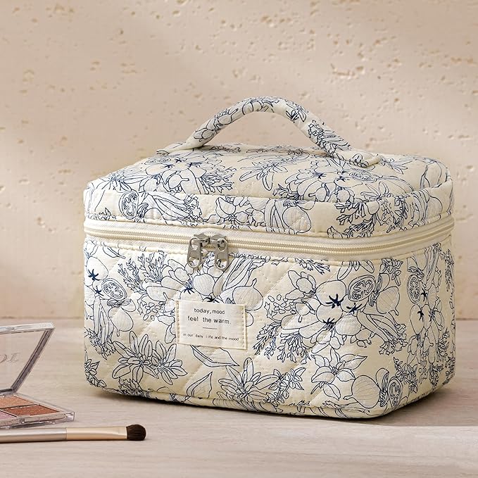 HBselect Quilted Makeup Bag, 3PCS Cotton Large Travel Makeup Bag, Cute Floral Coquette Make up Bag Cosmetic Bag Toiletry Bag for Women Girls