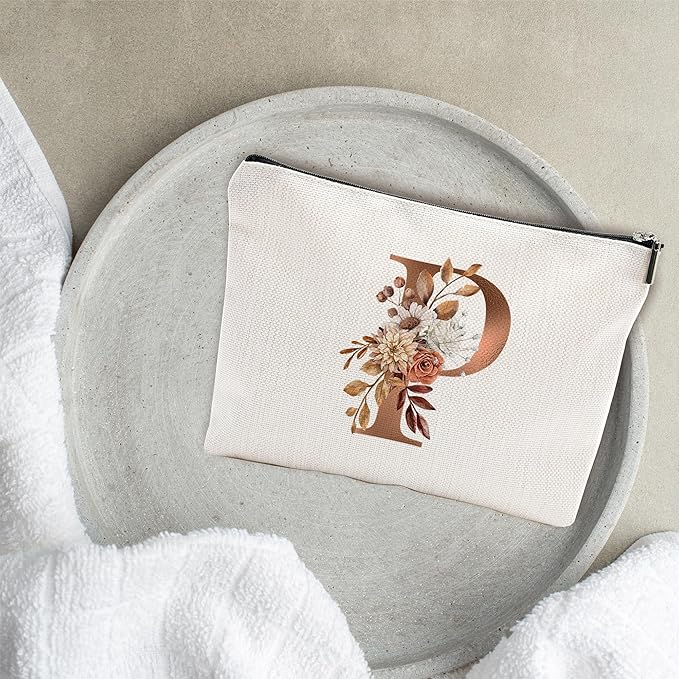 A-Z Boho Personalized Cosmetic Bag-Floral Cotton Letter Makeup Bag With Zipper-Artistic Cosmetic Bag For Travel-Bride,Birthday Gift For Women Daughter Friends-Women Makeup Organizer-A16