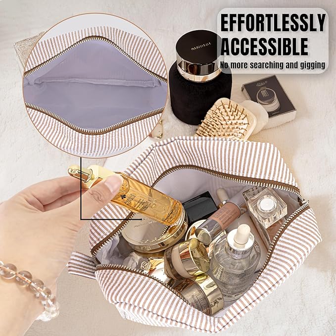 MT WORLD Cosmetic Bag Personalized Makeup Bag for Women Girls Seersucker Preppy Bridesmaid Makeup Bag Cute Aesthetic Toiletry Bag Girls Handbags Purses (Brown)