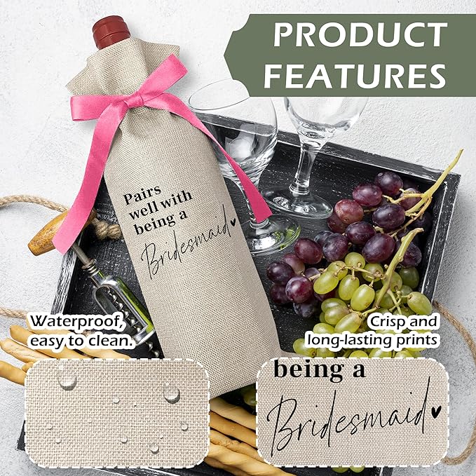 Cute Pink Bow Ribbon Engagement Gift Wine Bag - 1 PCS Bride to Be Gifts for Bridesmaids Bride and Groom Couples Her Him Will You Be My Bridesmaid for Getting Married Engagement Bridal Shower - A53
