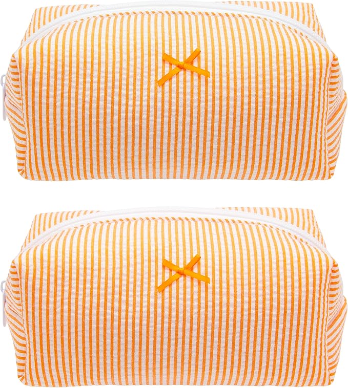 PAZIMIIK 2PCS Cozy Makeup Bag Small Aesthetic Travel Zipper Cosmetic Pouch for Women Make Up Beauty Accessories Brushes, Stripe Orange