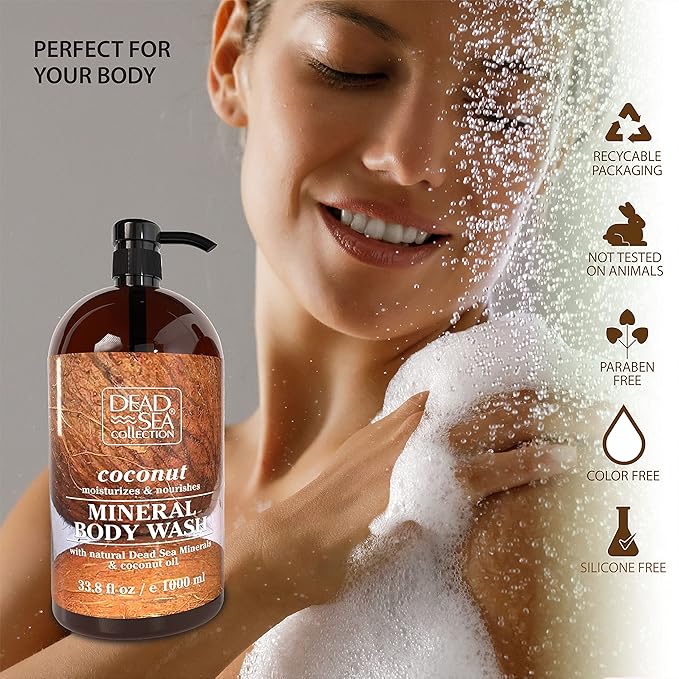 Dead Sea Collection Coconut Body Wash for Women and Men - with Pure Dead Sea Minerals and Coconut Oil - Cleanses and Moisturizes Skin - Pack of 2 (67.6 fl. oz)