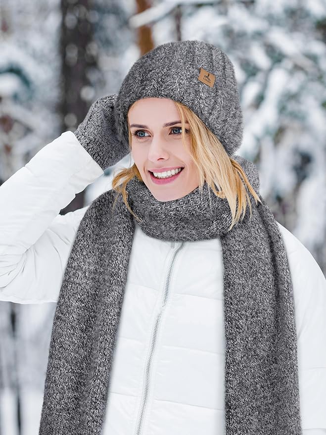 Winter Beanie Hat Scarf Gloves, Warm Fleece Knit Hat Long Scarf Neck Warmer Touch Screen Winter Gloves Set Gifts for Women