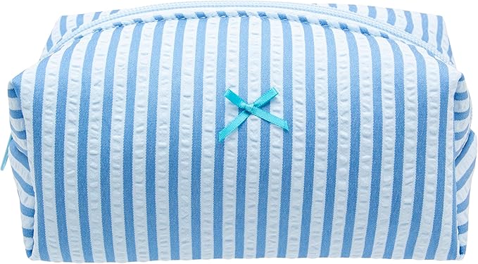 PAZIMIIK Cozy Makeup Bag Small Aesthetic Travel Zipper Cosmetic Pouch for Women Make Up Beauty Accessories Brushes, Stripe Lake Blue
