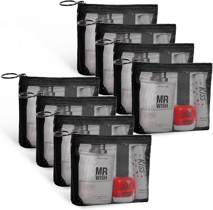8 Pack Mini Zipper Mesh Makeup Bags, Nylon Cosmetic Bags Toiletry Purse Travel Organizer Bags Inside Bag for Office Travel Organization (Widened-Black, XS)