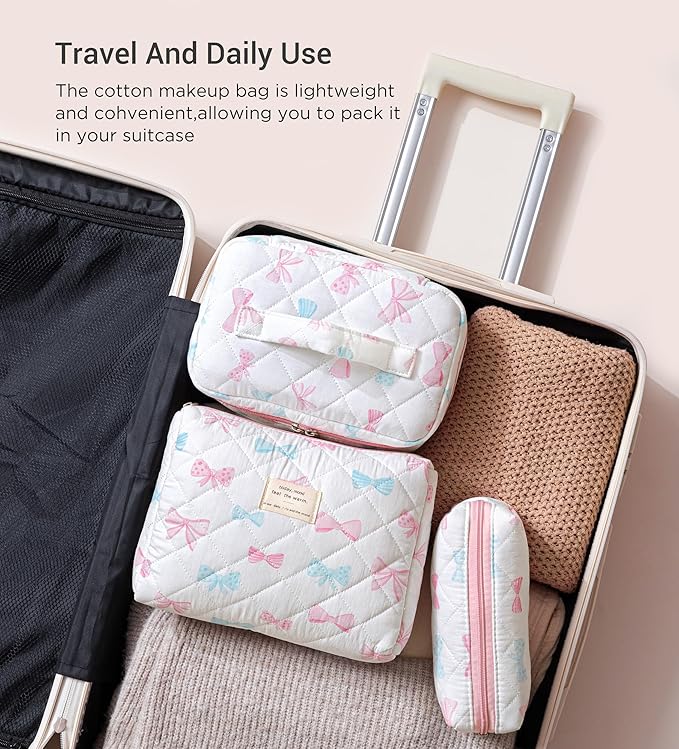 HBselect Quilted Makeup Bag, 3PCS Cotton Large Travel Makeup Bag, Cute Floral Coquette Make up Bag Cosmetic Bag Toiletry Bag for Women Girls