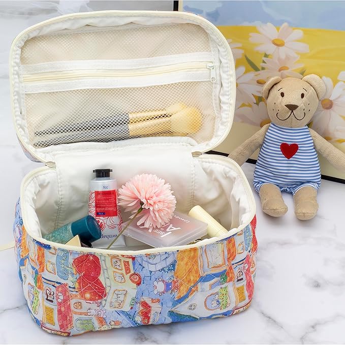 PAZIMIIK Quilted Makeup Bag Large Travel Zipper Soft Cosmetic Case for Women Girls Make Up,Little Bunny