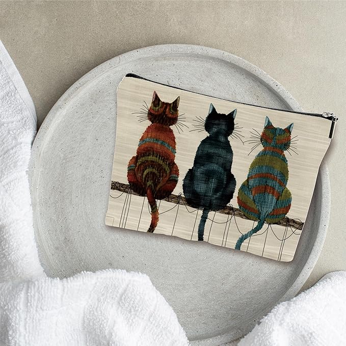 Retro Makeup Bag - Three Cute Cats - Art Drawing Theme Cosmetic Bag, Toiletry Bag, Gift For Girls, Besties, Personal Care & Accessories(Back) - A24