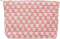 Knitted Checkered Makeup Bag Large Zipper Make Up Accessory Pouch for Purse Cosmetic Brush Bag for Travel Essential Pink Beige