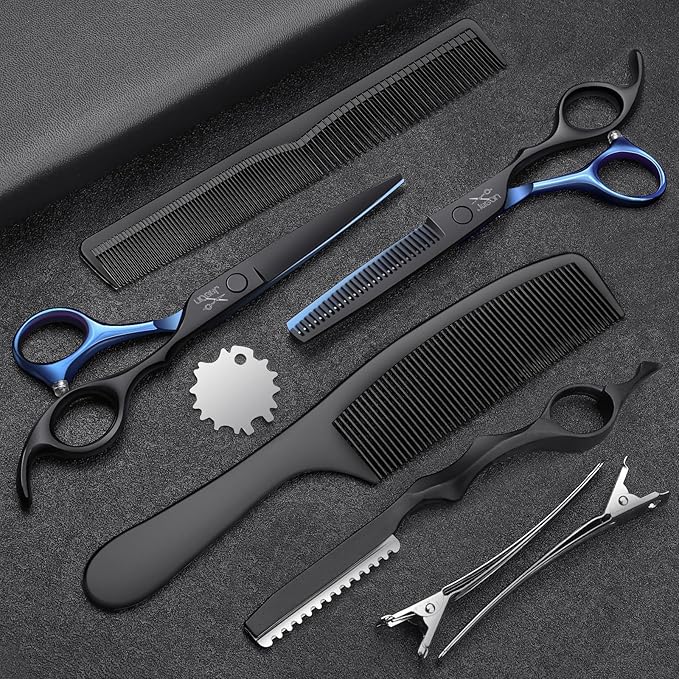 JASON Hair Cutting Scissors Kit - Professional 10 PCS Haircut Scissors Set with 6.7" Thinning/Texturizing Scissors, Straight Shears for Men Women Home Salon Barber (30 Teeth, Black & Blue) Christmas