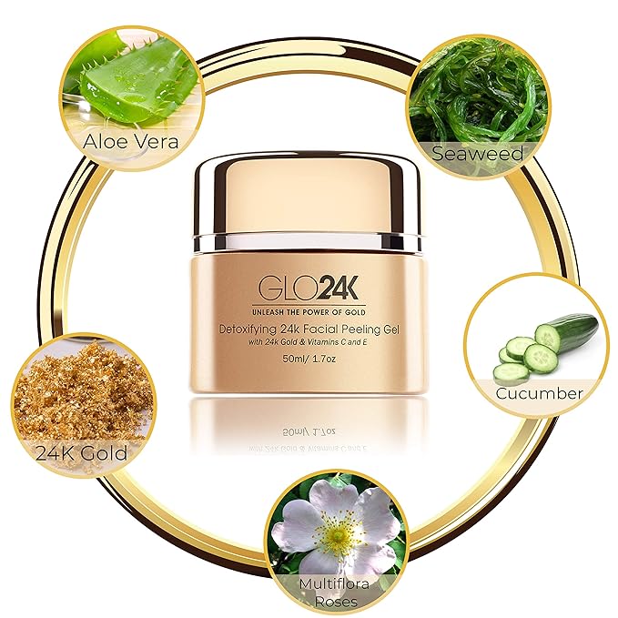 GLO24K Facial Peeling Gel with 24k Gold and Vitamins C,E. For optimal Exfoliation and Microdermabrasion. Restore and Revive your Skin.