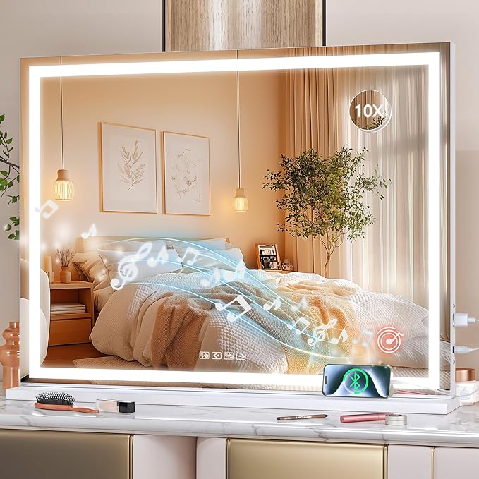 Hasipu Vanity Mirror with Lights and Bluetooth Speaker, 40" x 29.5" LED Makeup Mirror, Lighted Makeup Mirror with Dimmable 3 Modes, USB Charging Port, Square White