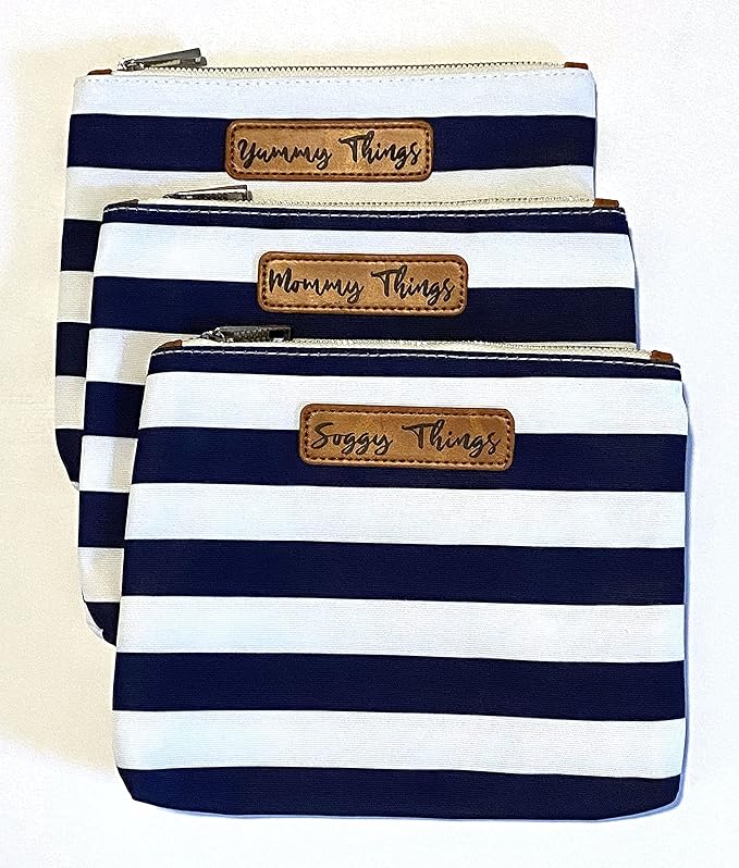 Stylish Diaper Bag Organizing Pouches - XL Set of 4 Navy and White Striped Canvas Diaper Bag Pouches with Leather Embossed Labels, Leather Wristlet Strap & Durable Metal Zippers