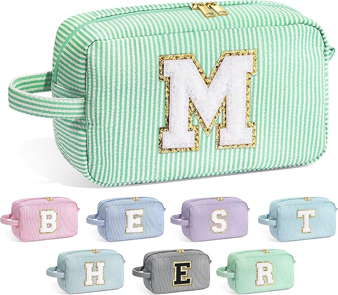 YOOLIFE Initial Makeup Bag Cosmetic Bag for Women, Travel Toiletry Bag, Cute Makeup Pouch Green M